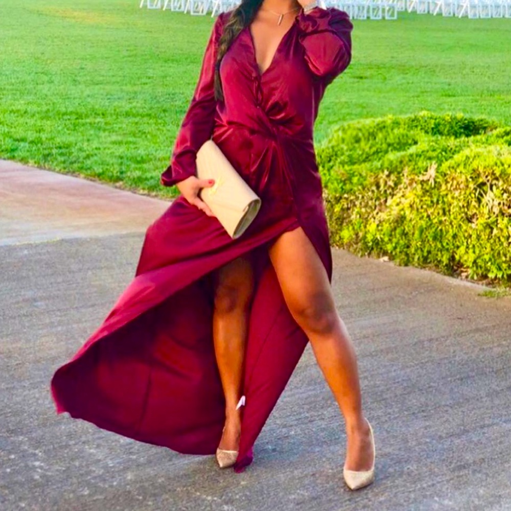 Red maxi dress slit long sleeve
